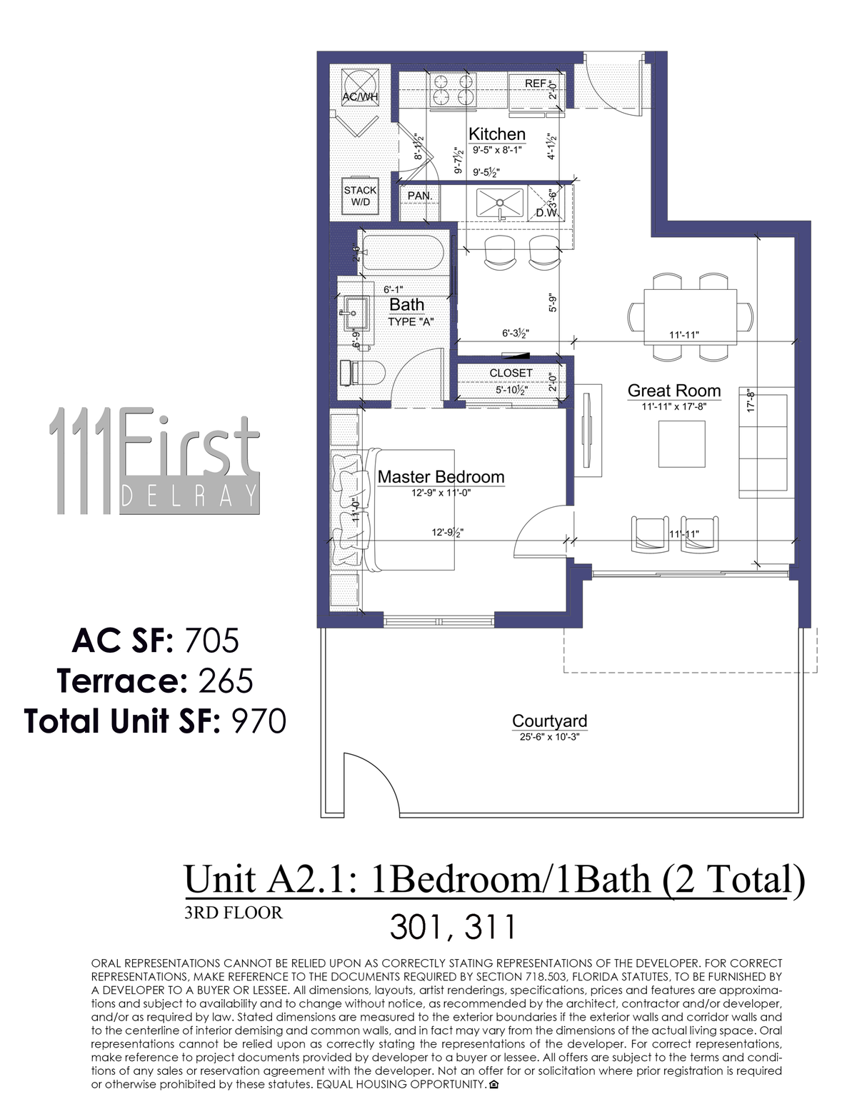 111 First Delray Unit A2.1 One Bedroom One Bath Floor Plan